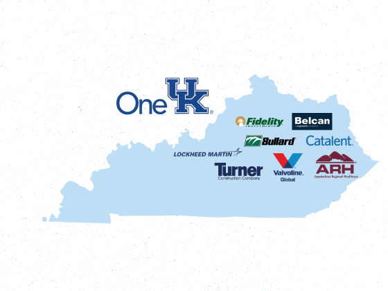 A photo of all of the OneUK partners' logos placed on a map of kentucky 